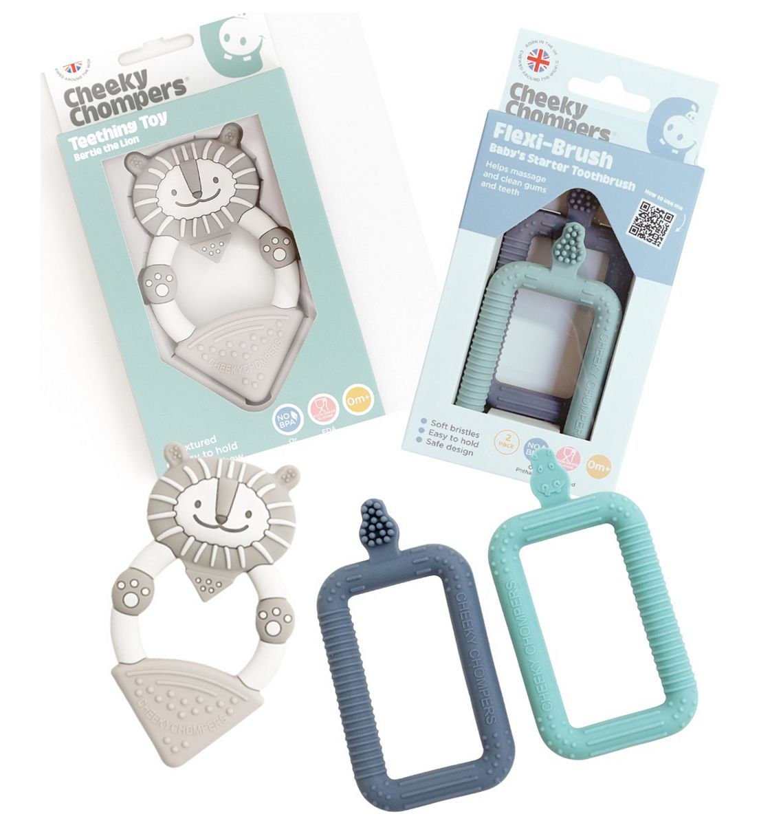 Cheeky Chompers Teething Brush & Chew - Neckerchew Flexibrush Starter Toothbrush 2 Pack-Bertie The Lion